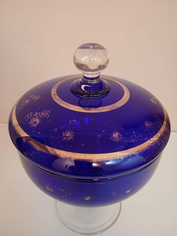 Vintage Bohemian Czech, Cobalt Blue Glass Lidded Candy Jar