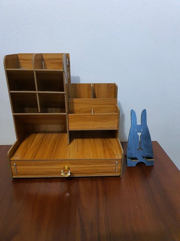 WOODEN DESKTOP STATIONARY ORGANISER 10 COMPARTMENT WITH WOODEN CELLPHONE STAND