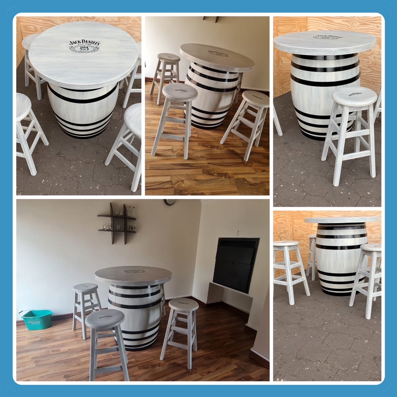 Wine   Barrel with top Cottage series 1000 Combo 4 Stools - Grey washed - Branded   version 2