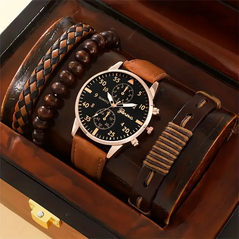 4pcs/set, Fashion Men&#39;s Business Casual Quartz Watch &amp; Brown Bracelet Set