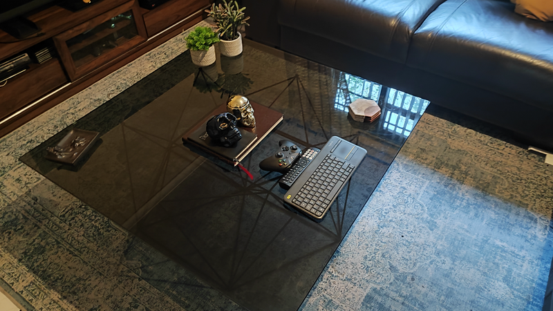 Glass Table with Geometric Shaped Metal Stand