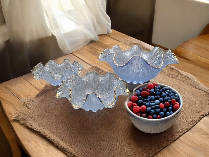 3Pc Vintage Bowl Set in light blue glass, adorned with exquisite gold trim.