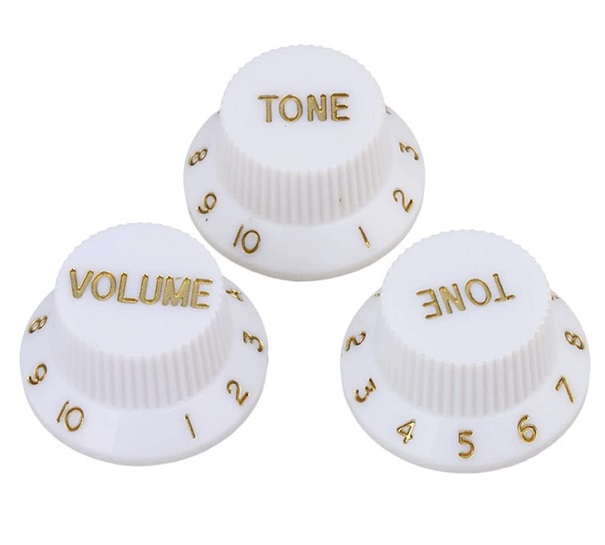 White Strat style guitar knobs with Gold Text  – 1 x Volume, 2 x tone