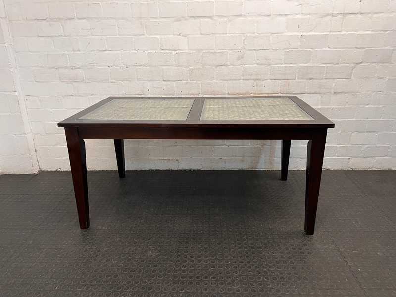 Six Seater Wicker Dining Room Table with Dark Wooden Frame and Glass Top - REDUCED- A48429