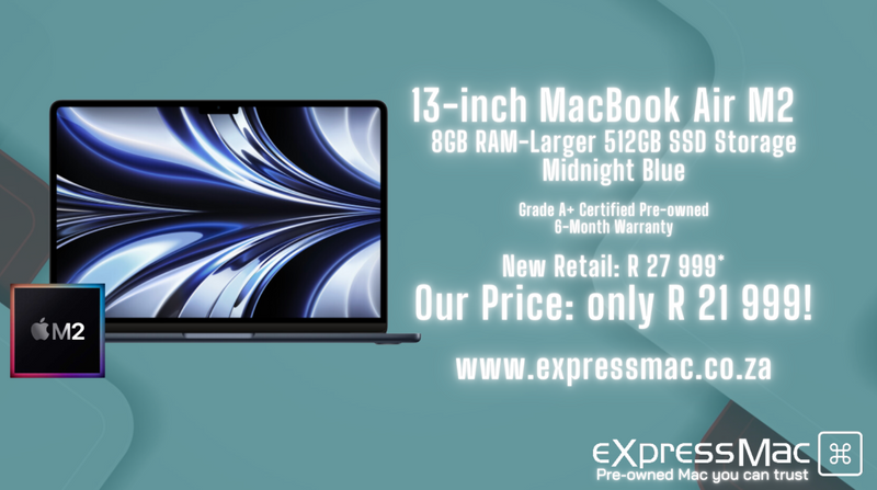 MacBook Air 13-inch M2–8GB RAM – Larger 500GB (2022)Midnight Blue, 6-Month Warranty incl. VA