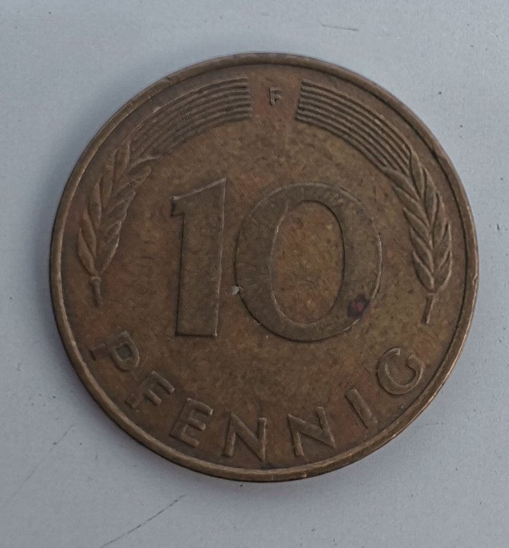 1976 German 10 Pfennig Bank deutscher Länder (F) (Germany, FRG) Coin For Sale.
