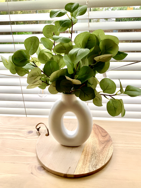 White Organic Circle Vase 30x32cm with Artificial Eucalyptus Leafs