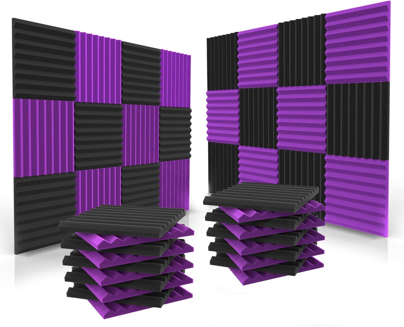 48 Pack Black &amp; Purple Sound Acoustic Panels | Soundproof Wedges - Easy Install