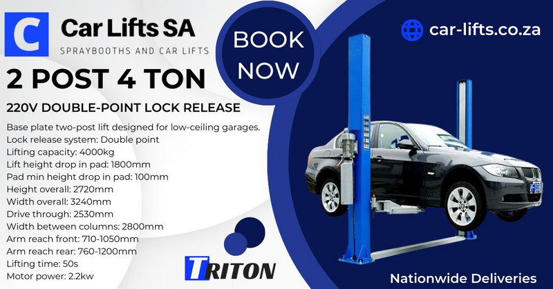 CAR LIFT 2 POST 4 TON DOUBLE POINT RELEASE LOCK SYSTEM4 TON LIFTING CAPACITY.