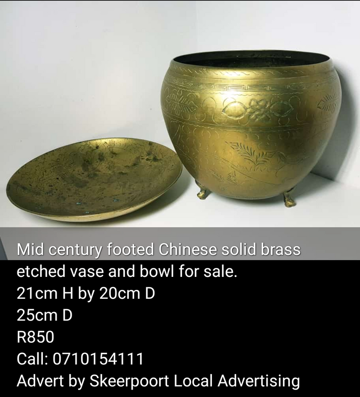 Mid century footed Chinese solid brass etched vase and bowl for sale