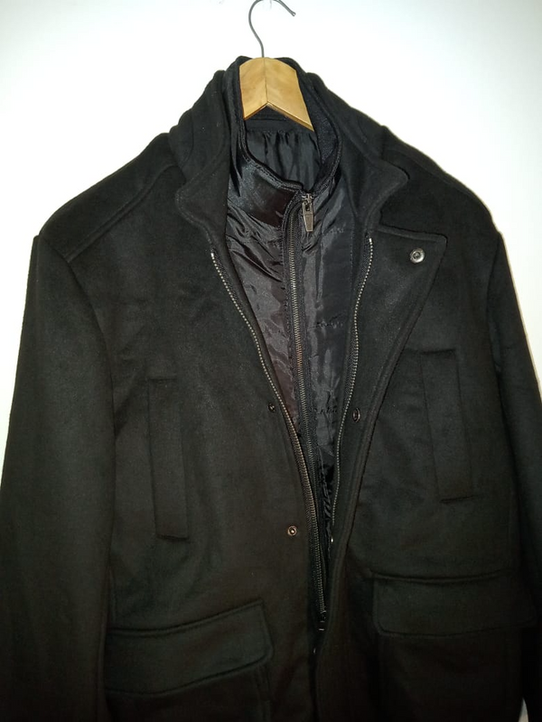 Mens Black Extra Long Padded Melton Coat, Brand New, R850