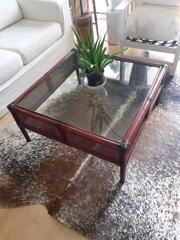 Glass Coffee Table - Mohogany Stained Cane