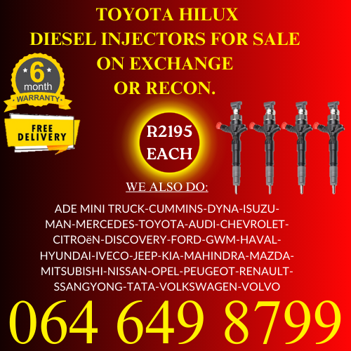 Toyota Hilux diesel injectors for sale on exchange with a 6 months warranty.