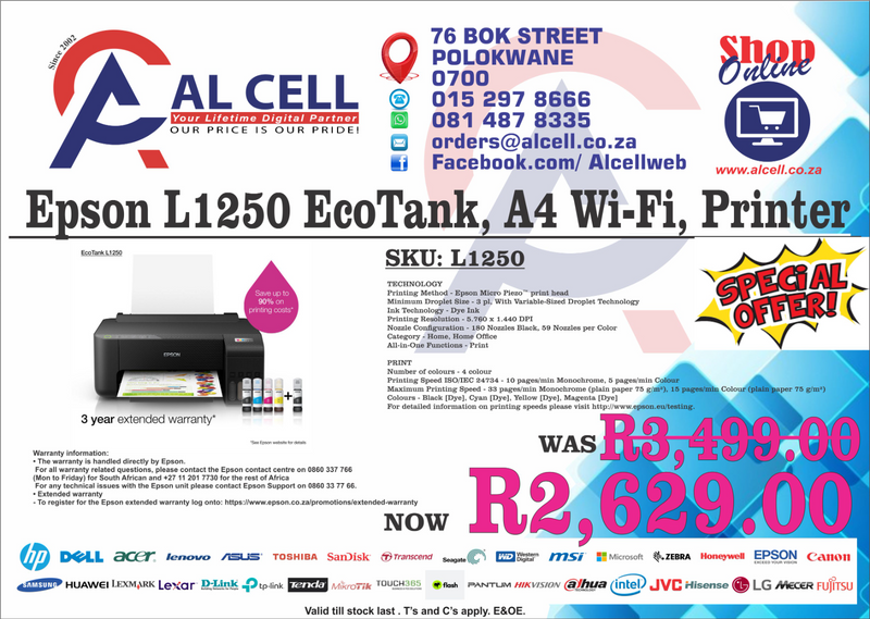 Epson L1250 EcoTank, A4 Singlefunction, Wi-Fi, Printer