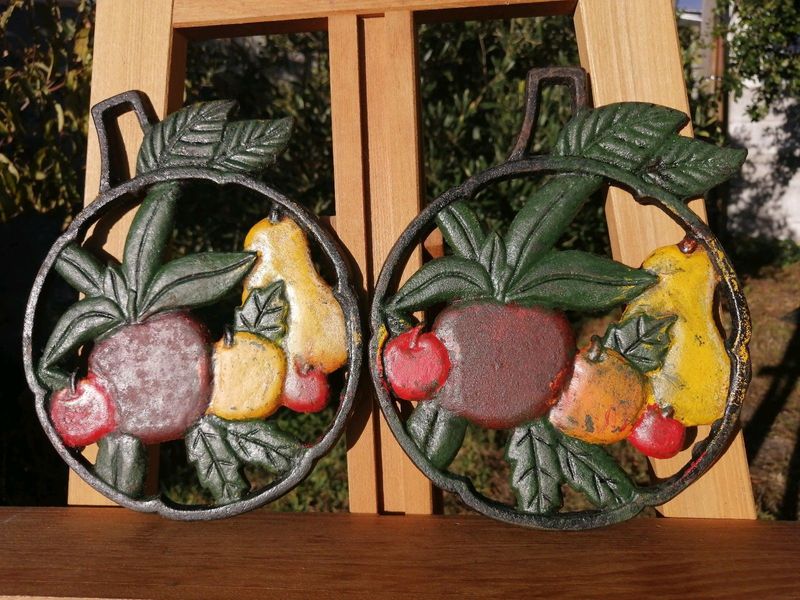 Pair Cast Iron Trivets French Style Fruit Pattern