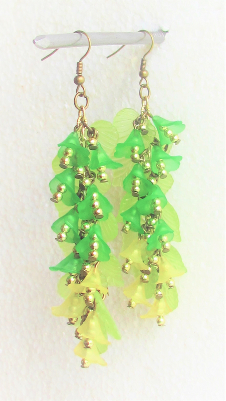 Tulip Green Flowers and Yellow Leaf Dangle Earrings