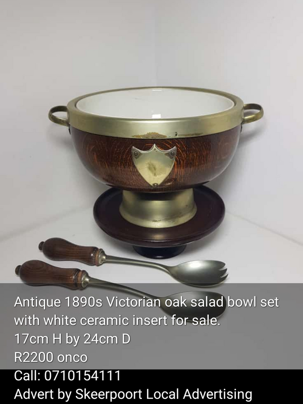 Antique 1890s Victorian oak salad bowl set with white ceramic insert for sale