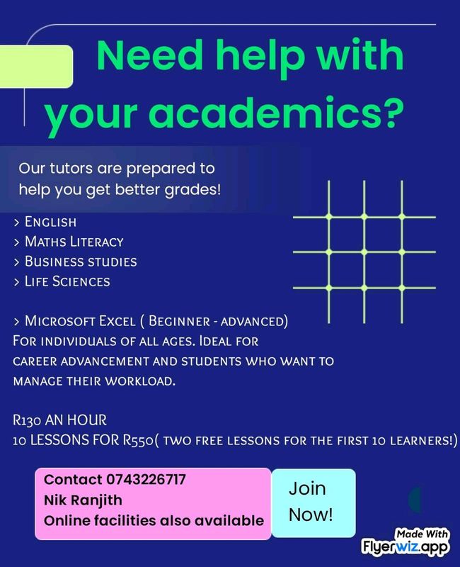 Tuitions for English, Maths Literacy, Life Sciences, Business Studies