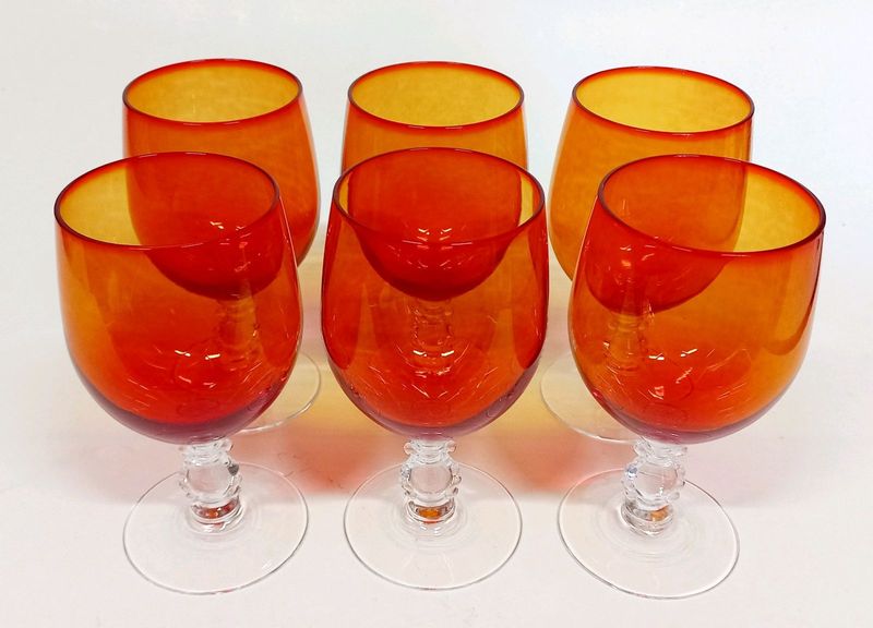 6 Vintage/Retro Mid 60s SASAKI Hand-blown, Burnt Orange Wine Glasses with clear Decorative Stem