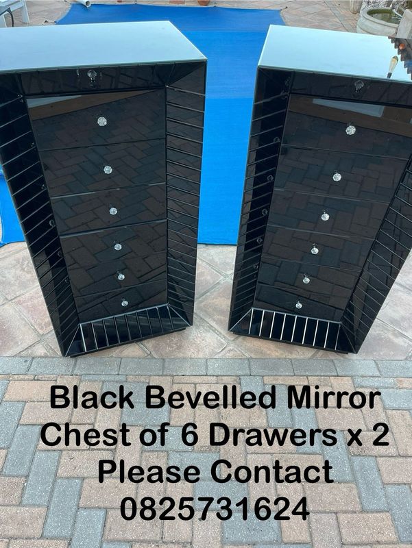 Chest Of Drawers x2 -Tall Boys 6 Drawer in Black Bevelled Mirrors - Stunning - Delivery Arranged
