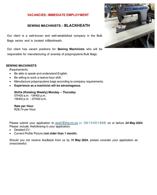 Vacancy - SEWING MACHINIST