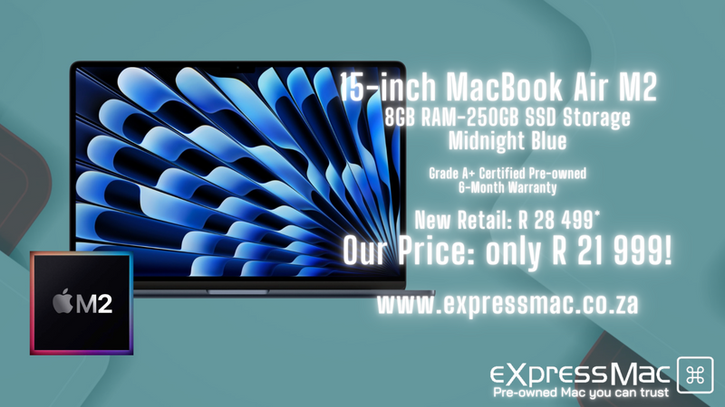 MacBook Air 15-inch M2–8GB RAM–250GB (2023) Mint with 6-Month Warranty. Midnight Blue. Grg