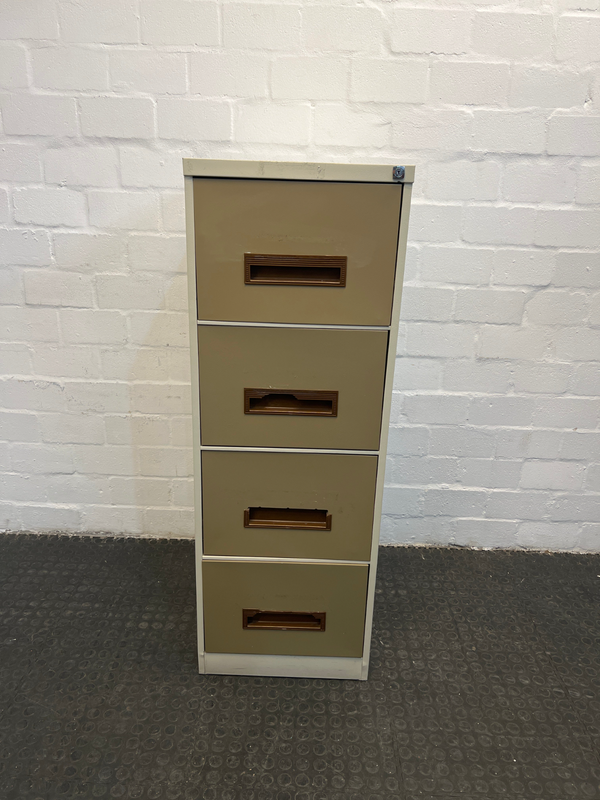 Damaged Four  Drawer Steel Filing Cabinet with a Broken Brown Plastic Handles- A50108