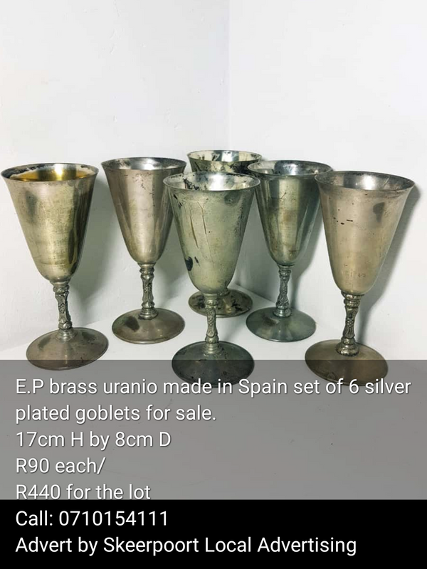 E.P brass uranio made in Spain set of 6 silver plated goblets for sale