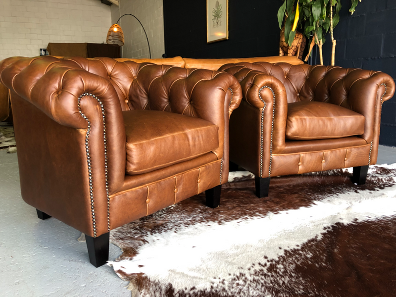 2 x Newly Manufactured gameskin genuine leather CHESTERFIELD ARMCHIARS (Was R11500,  NOW R8995 each)