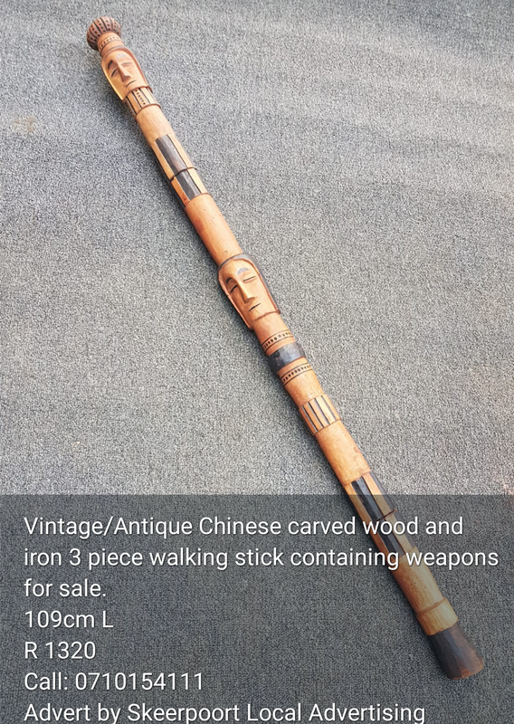 Vintage /Antique Chinese carved wood ad iron 3 piece walking stick for sale.