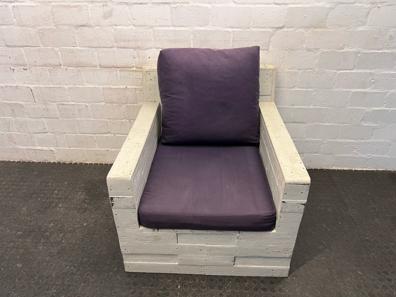 White Pallet Wood One Seater Couch with Deep Purple Cushions-