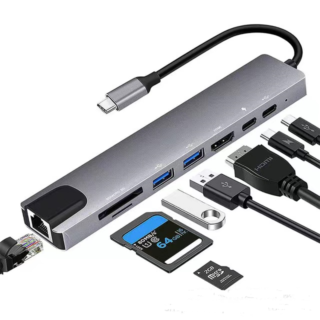 Multi-functional 8-in-1 USB-C Adapter Hub Docking Station