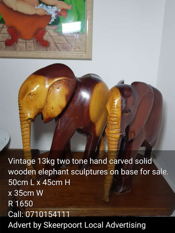 Vintage 13kg two tone solid hand carved wooden elephant sculptures on base for sale
