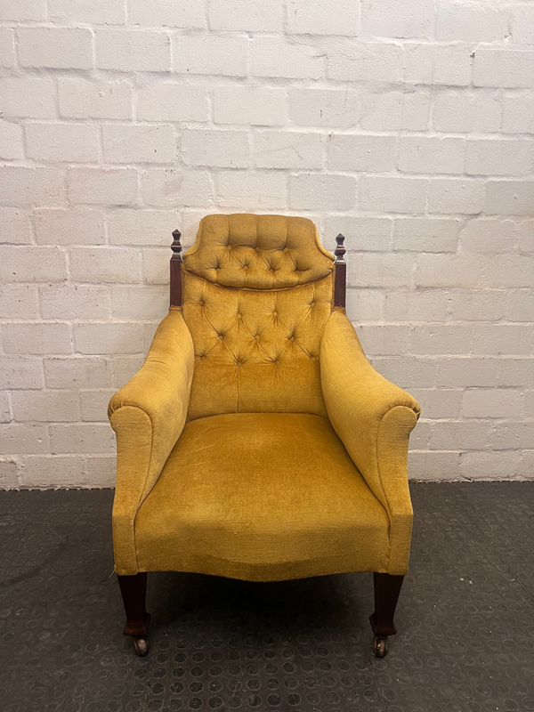 Mustard Velvet Wood Carved Arm Chair-