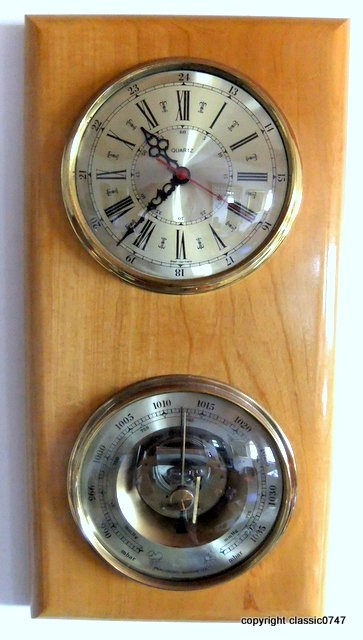 Barometer and Clock in Solid Brass on Woodbord Ø 175mm H16mm Overall L 49 x W 24.5 x H 5.2cm kg 3.8