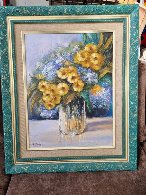 Framed oil flower painting by Estelle Buys