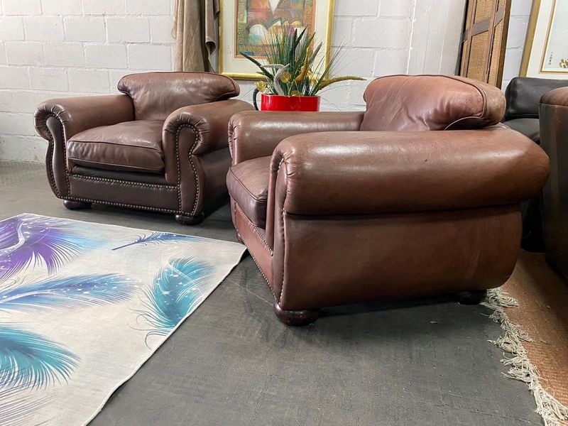 STUNNING, COMFY KUDU LEATHER ARMCHAIRS, Studded, Perfect Condition, R7500 each