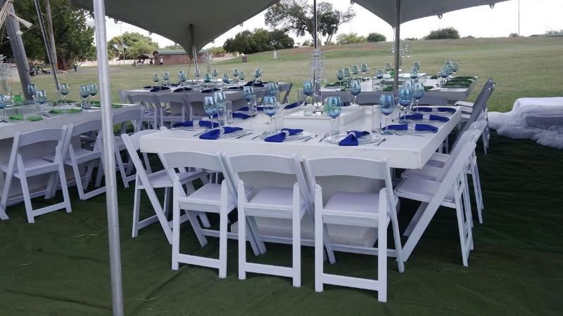 WHITE OR BROWN WOODEN TABLES HIRE, GLASS TABLES HIRE, PHOENIX CHAIRS AND WIMBLEDON CHAIRS HIRE