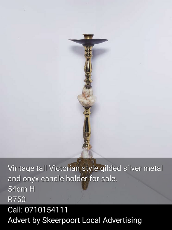 Vintage tall Victorian style gilded silver metal and onyx candle holder for sale
