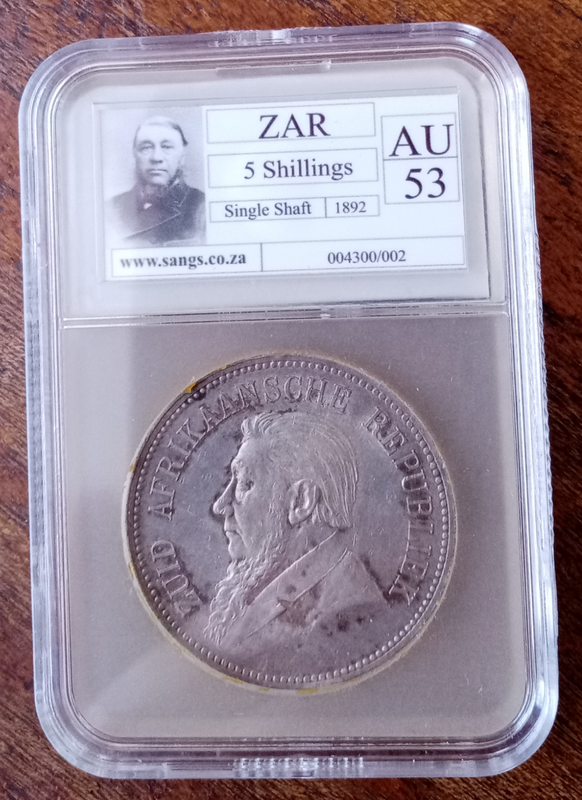 Scarce 1892 ZAR silver 5 Shillings SANGS AU53 (Single Shaft)