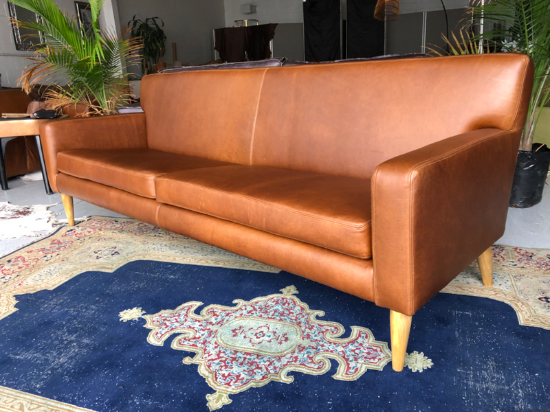 Modern mid century 2.2m genuine leather three seater couch, NATURAL GAMESKIN LEATHER,  Brand new