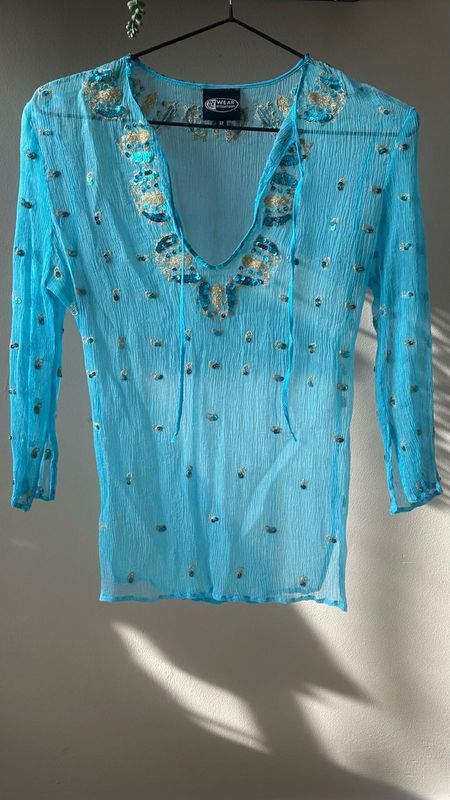 Blue silk Indian sequined blouse size 32