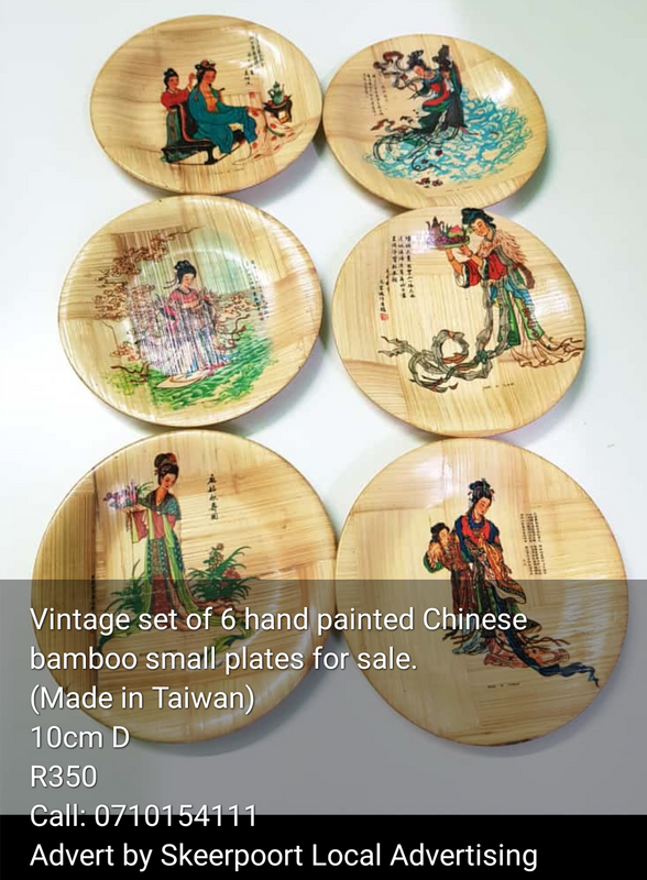 Set of 6 Vintage Chinese hand painted bamboo plates for sale