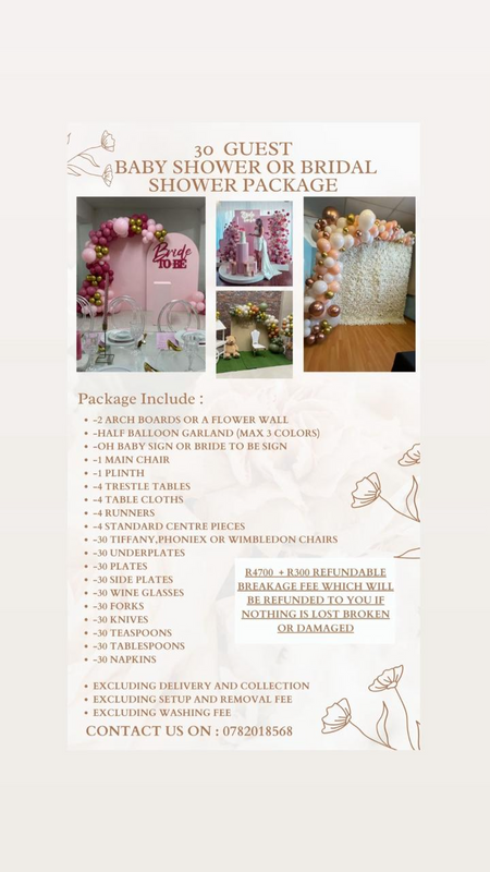 Event decor hire ,bridal showers, wedding decor,baby showers, 30 guest special, hiring