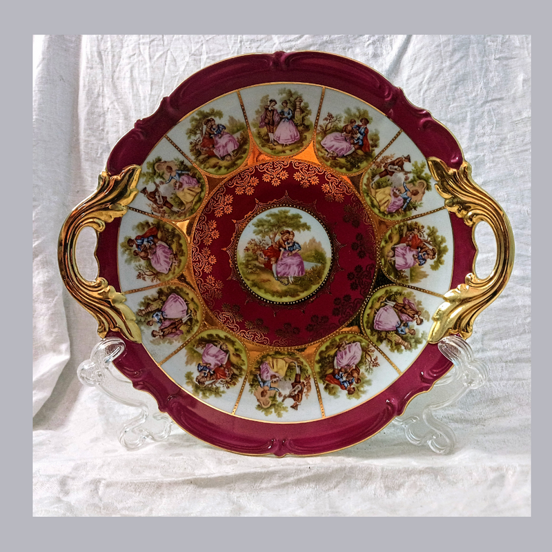 Rare Vintage Carlsbad Handpainted Double-Handled Cake Plate from the Fragonard Love Story Series