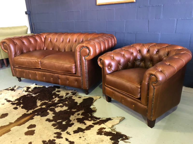 (ON PROMOTION) 2pc genuine leather CHESTERFIELD lounge suite. (1 x Two seater plus 1 x Tub chair)