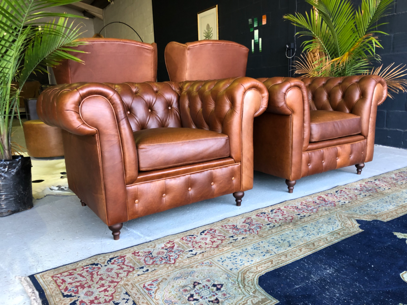 2 x Newly manufactured OVERSIZE genuine leather CHESTERFIELD armchairs, Brand new, R11995 each.