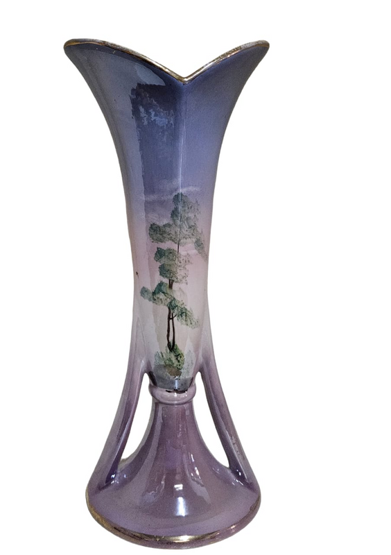 Vintage Sesto Fiamma Vase Italy, hand painted porcelain, shades of purple and  with gold trims, 1950