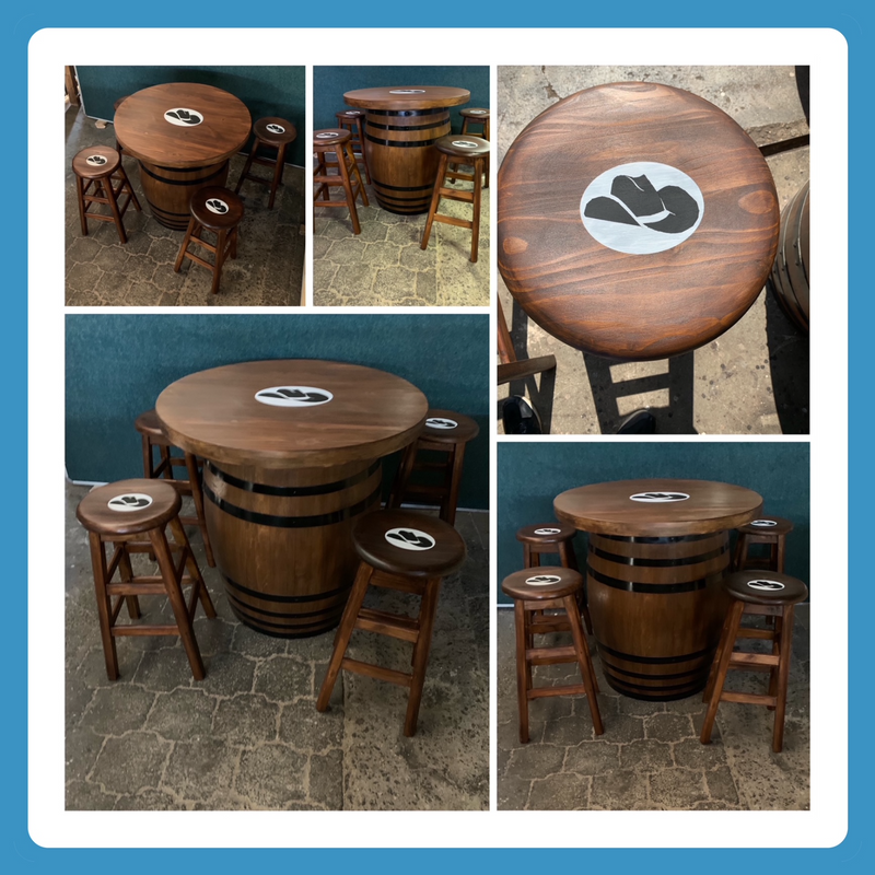 Wine   Barrel with top Cottage series 1000 Combo 4 Stools - Stained - Branded   version 2
