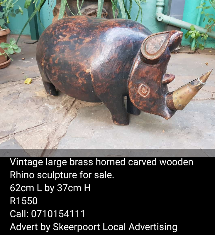 Vintage large brass horned carved wooden Rhino sculpture for sale